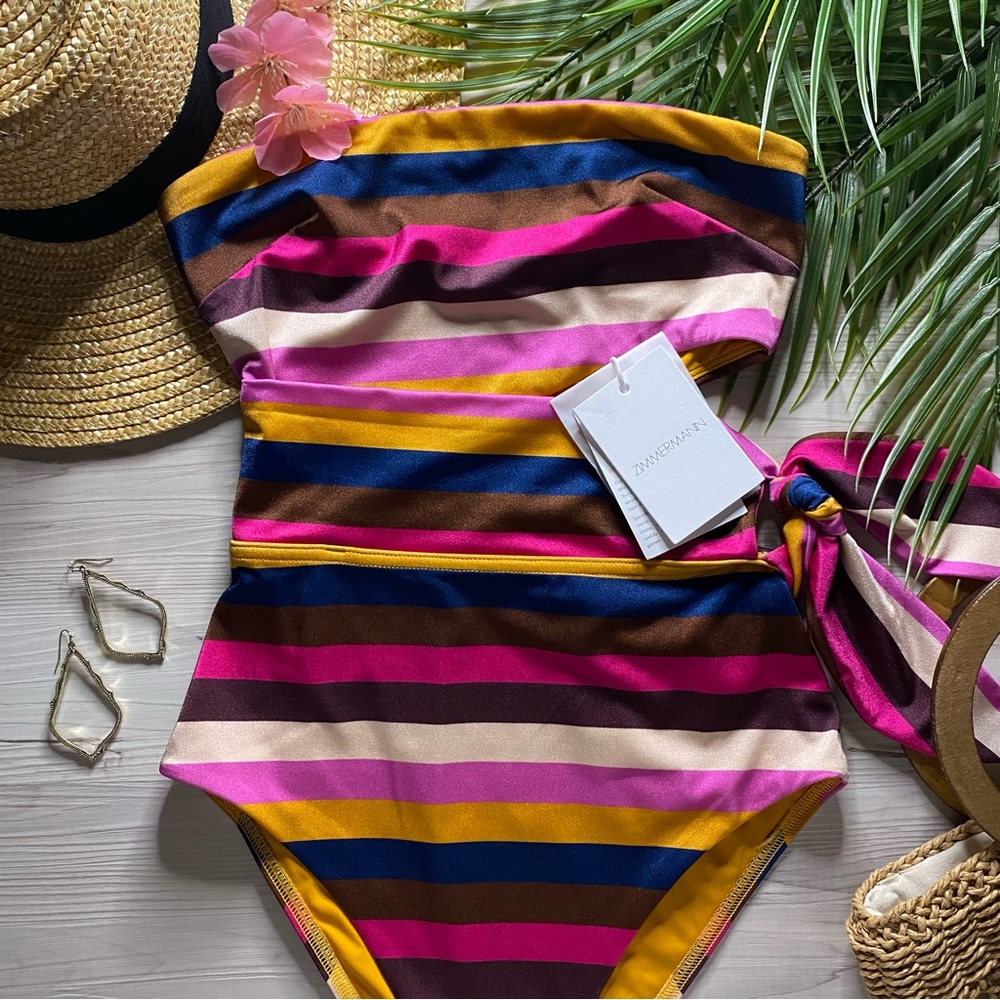Zimmermann Striped Cutout Scarf Tie One Piece Swimsuit